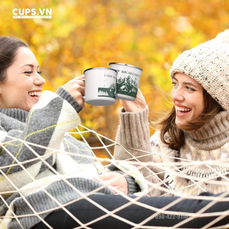 Ly sắt tráng men in logo dùng cho camping và quán cà phê