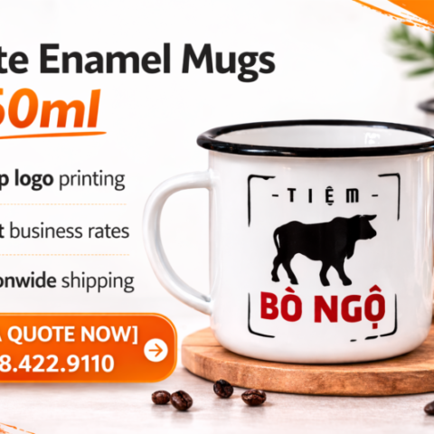 Black rim enamel mug with vintage design, durable construction, and ideal for camping, outdoor activities, and branded merchandise.