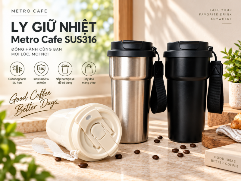 Ly giữ nhiệt Metro Cafe SUS316 có thiết kế gọn gàng, phù hợp in logo cho các doanh nghiệp